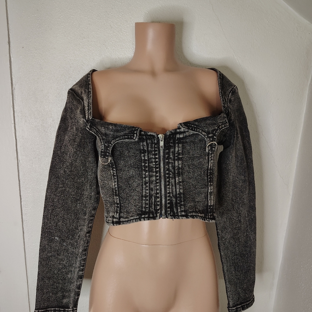 Fashion Nova Angelina Washed Denim Crop Top Black Wash Size L NWT